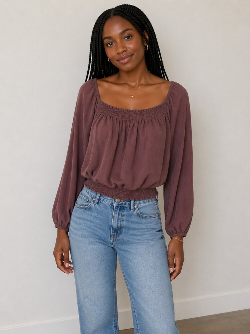 Gentle Fawn Boho Brown Smocked Square Neck Puff Sleeve Blouse Top Sz Small